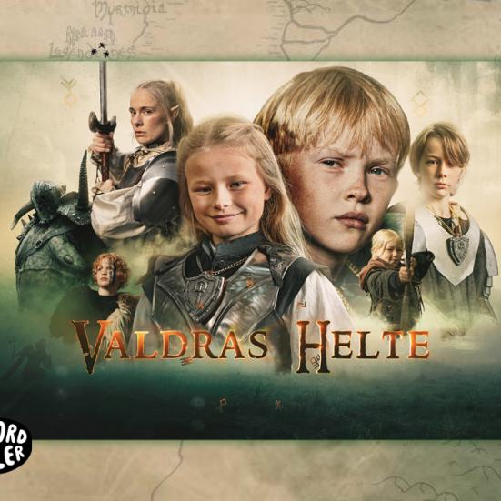 PRessefoto om tv-serien Valdras Helte. Man ser en række af de medvirkende i en kollage på en fantasyagtig baggrund. Nederst i venstre hjørne ses en talebobl med ordene "Alle ord tæller" på.