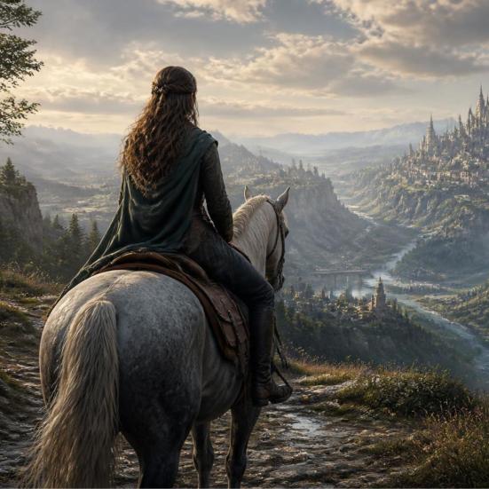 AI-genereret illustration af en kvinde på en hest med ryggen til, mens hun kigger ud over et fantasylandskab