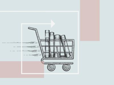 Illustration af en indkøbsvogn fyldt med bøger.