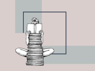 Illustration af en person, der sidder med en stor stak bøger og læser en åben bog.