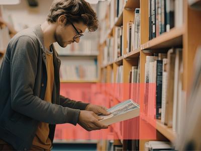 Ung mand ved bogreol undersøger en bog med blikket ned på forsiden.