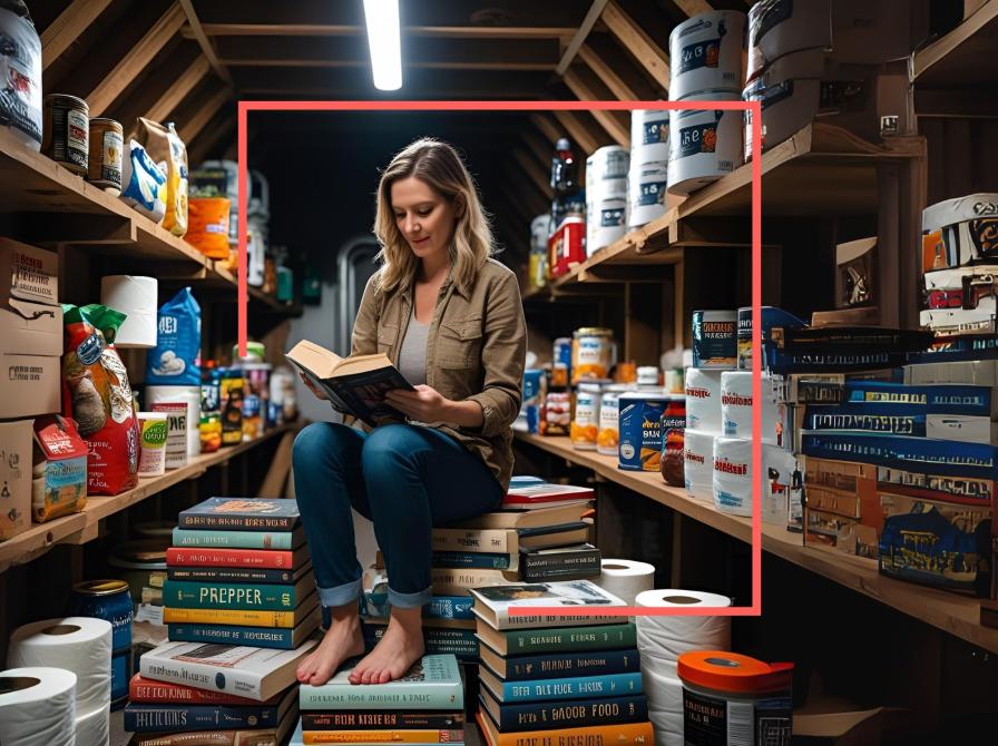 Billede af en kvinde som sidder i eN bunker og læser